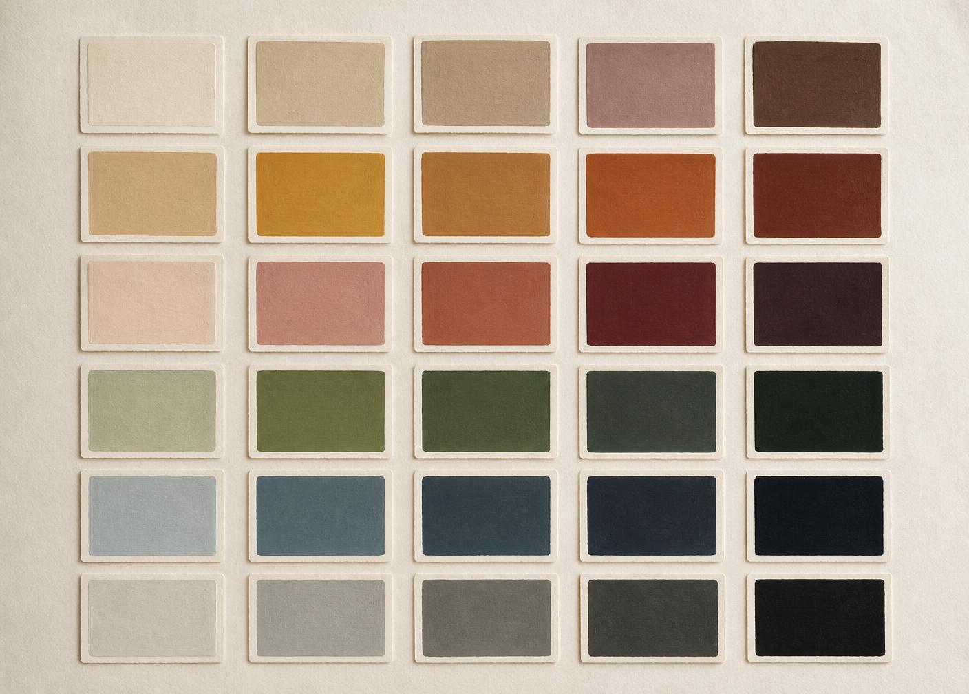 Thirty painted colour swatch cards arranged in a grid on bone paper